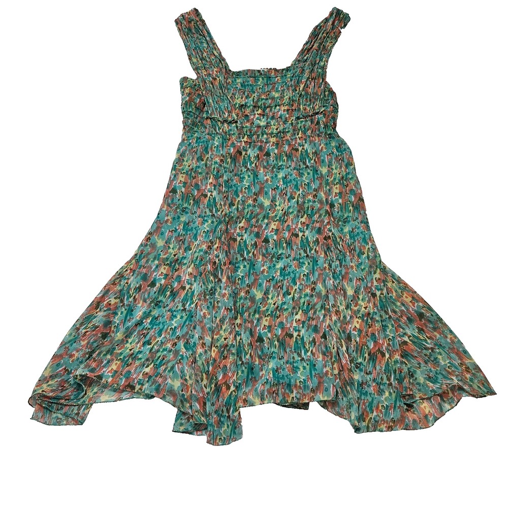 Womens VTG Y2k Teal Abstract Floral Fairycore Boho Smocked Romantic Flowy Dress
